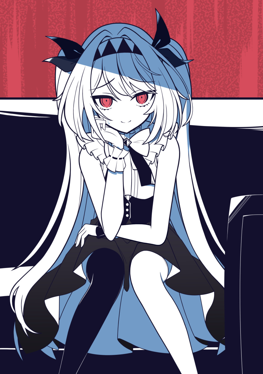 1girl, arm_rest, asymmetrical_legwear, bare_shoulders, black_corset, black_thighhighs, black_wrist_cuffs, bow