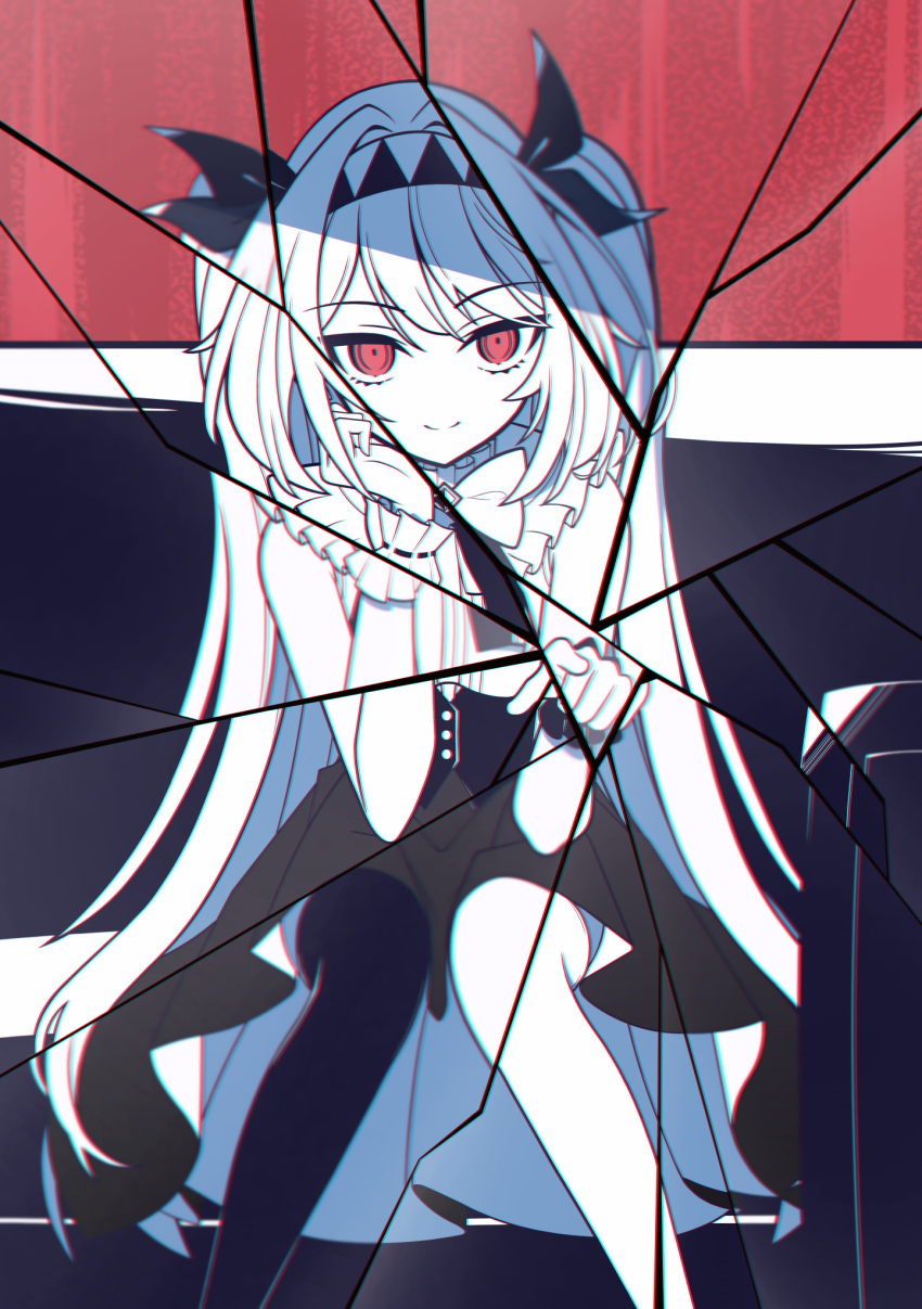 1girl, asymmetrical_legwear, bare_shoulders, black_corset, black_thighhighs, black_wrist_cuffs, bow, bowtie, broken_glass, closed_mouth, commentary, corset, couch, crack, dogari, elbow_rest, frilled_shirt, frilled_wrist_cuffs, frills, glass, hair_ribbon, hairband, hand_on_own_cheek, hand_on_own_face, hand_up, highres, lilith_(the_noexistencen_of_you_and_me), long_hair, looking_at_viewer, mismatched_legwear, mismatched_wrist_cuffs, on_couch, pleated_skirt, pointing, pointing_at_viewer, red_background, red_eyes, ribbon, shirt, shirt_tucked_in, sitting, skirt, smile, solo, the_noexistencen_of_you_and_me, thigh-highs, thighs, twintails, very_long_hair, white_bow, white_hair, white_hairband, white_shirt, white_thighhighs, white_wrist_cuffs, wrist_cuffs