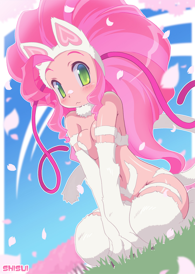 :3, alternate_color, animal_ears, big_hair, blush, breast_press, breasts, capcom, cat_ears, cat_tail, cherry_blossoms, dutch_angle, felicia, fur, green_eyes, hairband, kneeling, long_hair, navel, pink_hair, shisui, sky, solo, tail, vampire_(game), very_long_hair