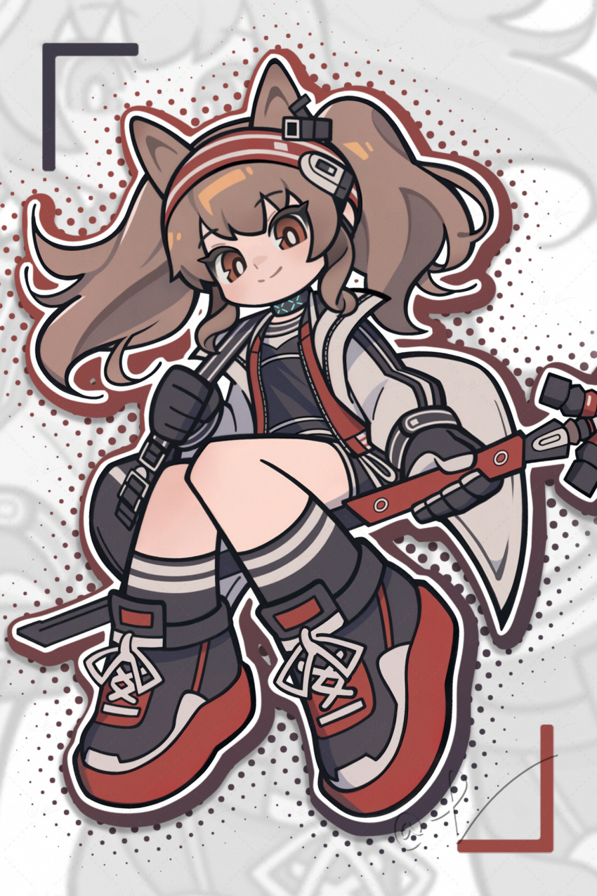 1girl, angelina_(arknights), animal_ears, arknights, black_gloves, black_shirt, brown_hair, closed_mouth