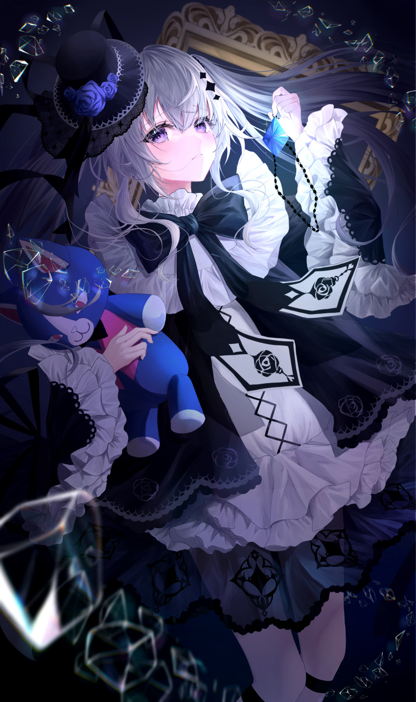 1girl, absurdres, acid_(maimai), black_bow, black_bowtie, black_dress, black_hat, blush