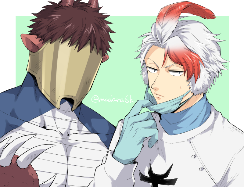 2boys, blue_gloves, border, brown_hair, claws, closed_mouth, collarbone, cursed_musician