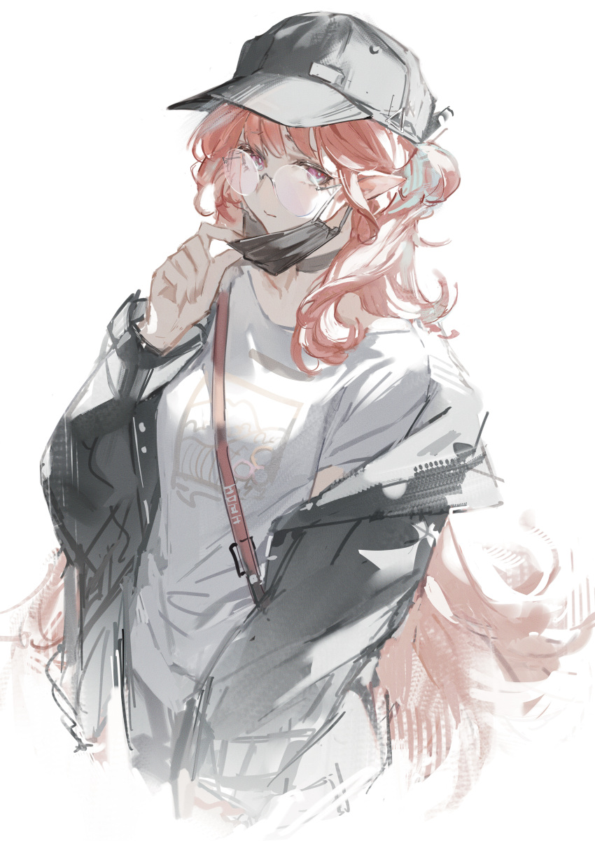 1girl, absurdres, arknights, baseball_cap, black_choker, black_hat, black_jacket, choker, closed_mouth, commentary, glasses, haruka_(arknights), hat, highres, jacket, long_hair, looking_at_viewer, nbrush19, open_clothes, open_jacket, pink_eyes, pink_hair, shirt, simple_background, solo, white_background, white_shirt