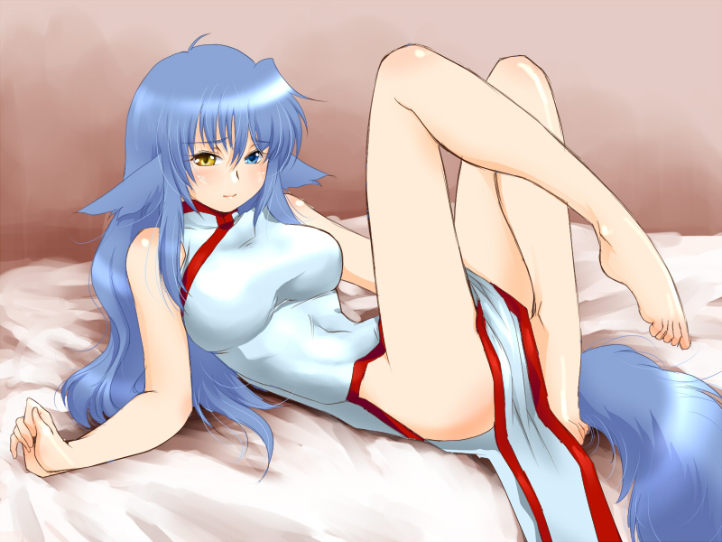 bare_shoulders, barefoot, bed, blue_hair, blush, breasts, china_dress, chinese_clothes, embarrassed, feet, follower_(yagisaka_seto), heterochromia, large_breasts, legs, long_hair, lying, on_back, original, solo, tail, yagisaka_seto