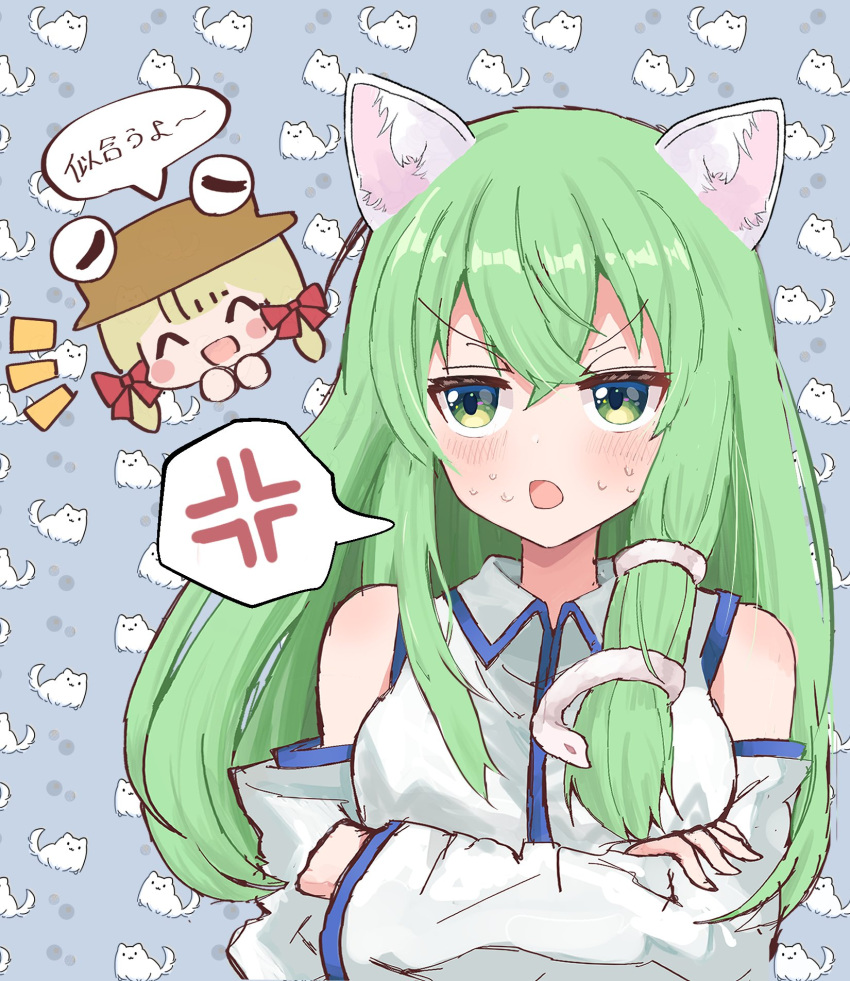 2girls, anger_vein, animal_background, animal_ears, annoyed, arms_under_breasts, bare_shoulders, bow