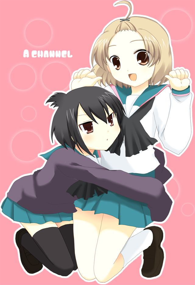 ahoge, bad_id, black_hair, black_legwear, blonde_hair, blush, brown_eyes, high_ponytail
