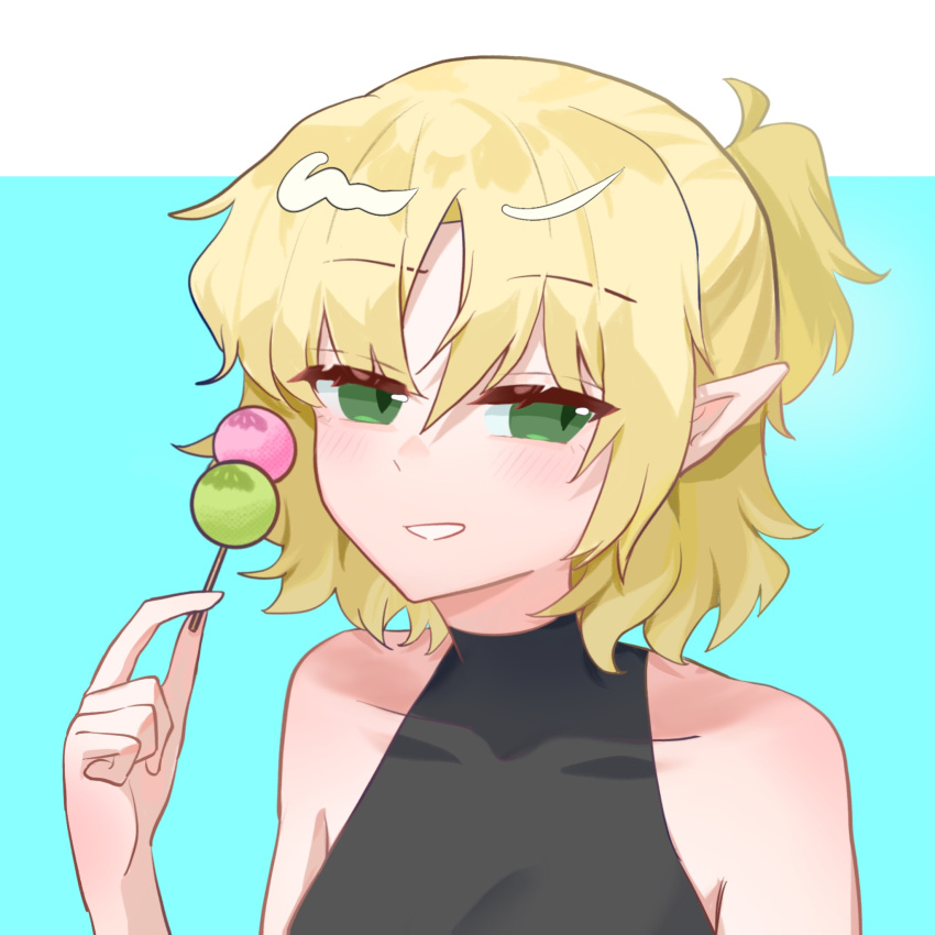 1girl, black_shirt, blonde_hair, blue_background, blush, dango, fixer_(xfsl45hm4u5wkw4), food