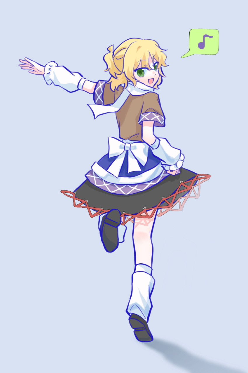 1girl, :d, back_bow, black_shoes, black_skirt, blonde_hair, bow, brown_shirt
