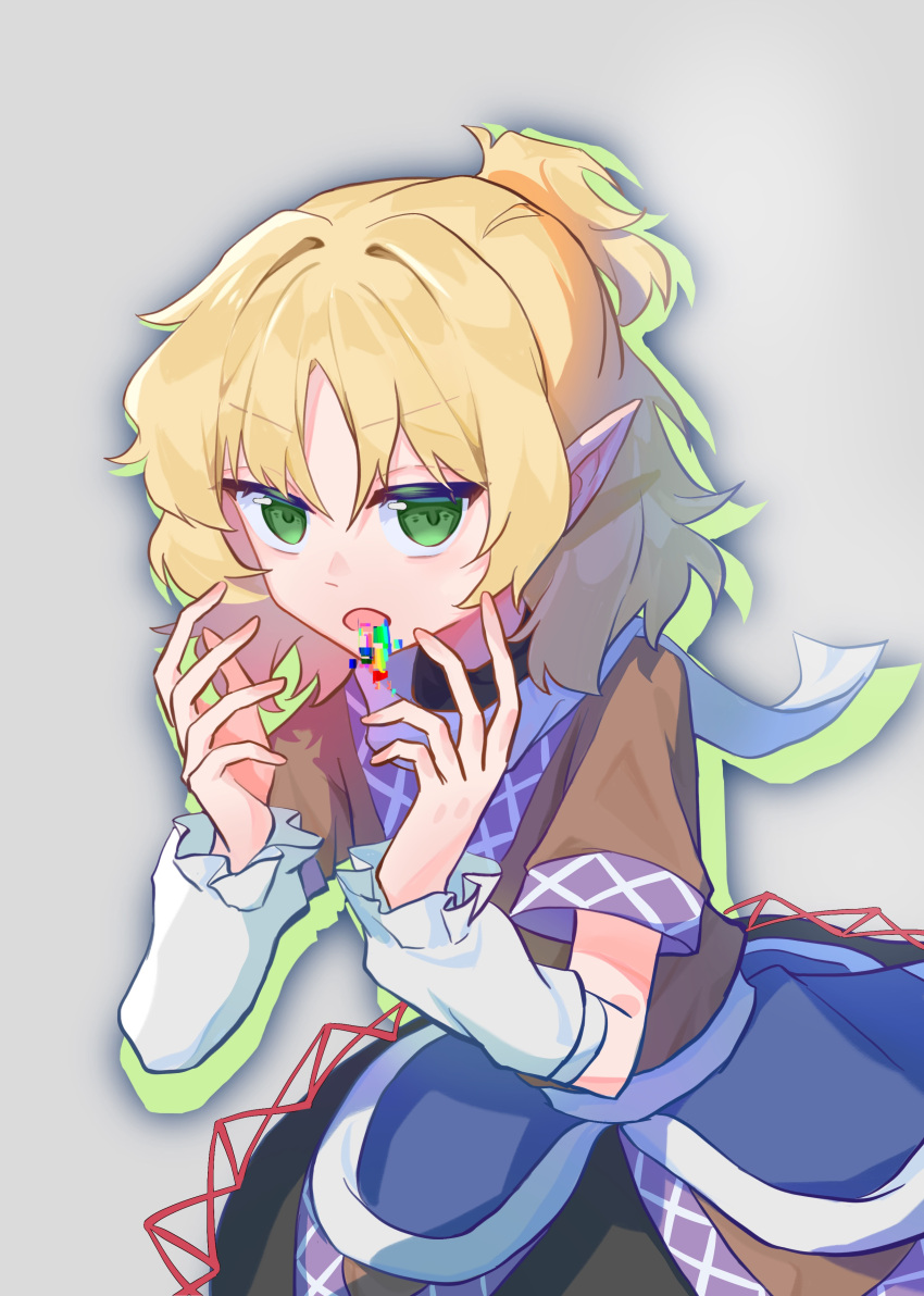 1girl, absurdres, arm_warmers, black_skirt, blonde_hair, brown_shirt, colored_shadow, cowboy_shot