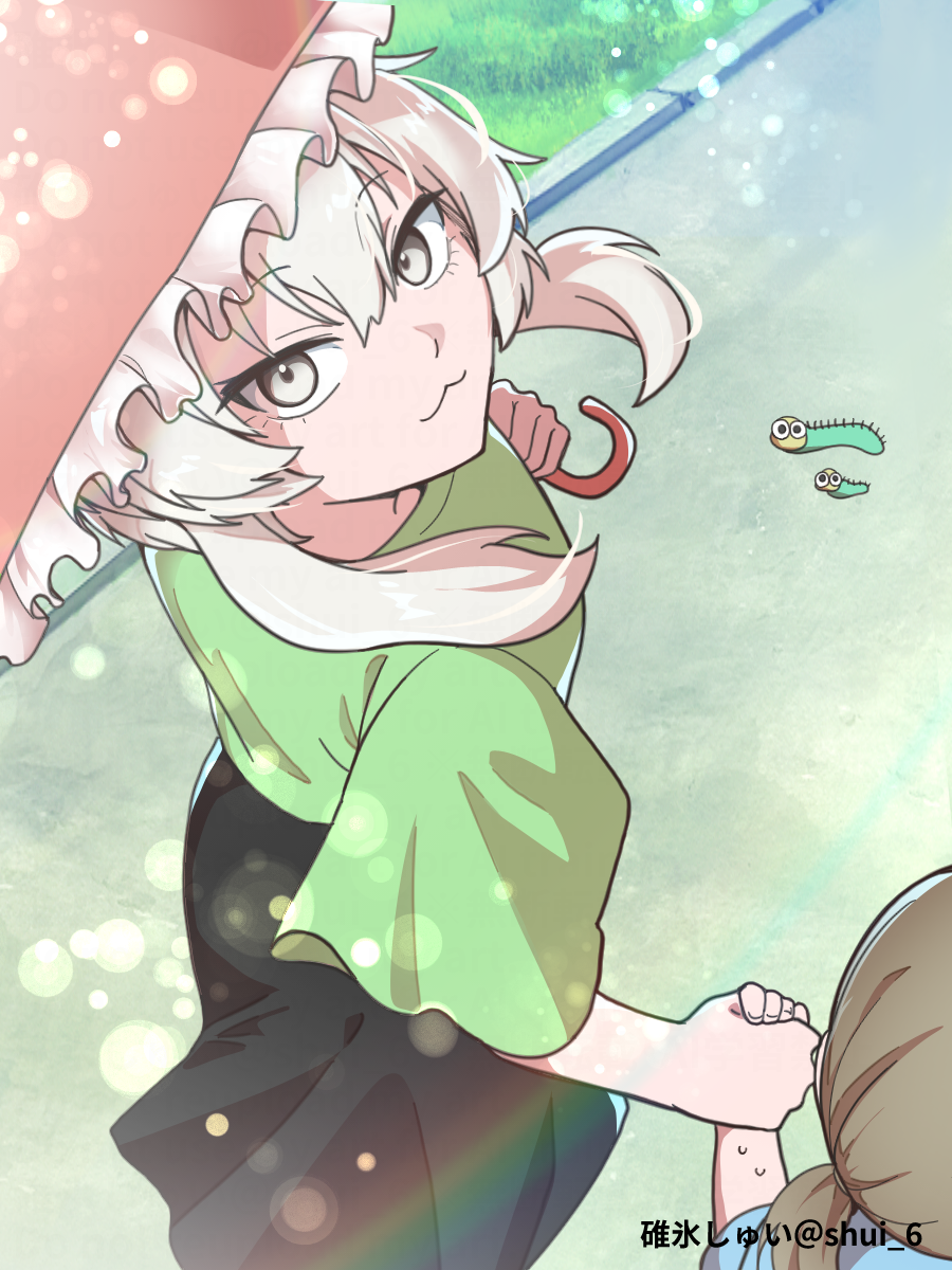 2girls, :3, aged_down, artist_name, black_skirt, brown_hair, child, closed_mouth