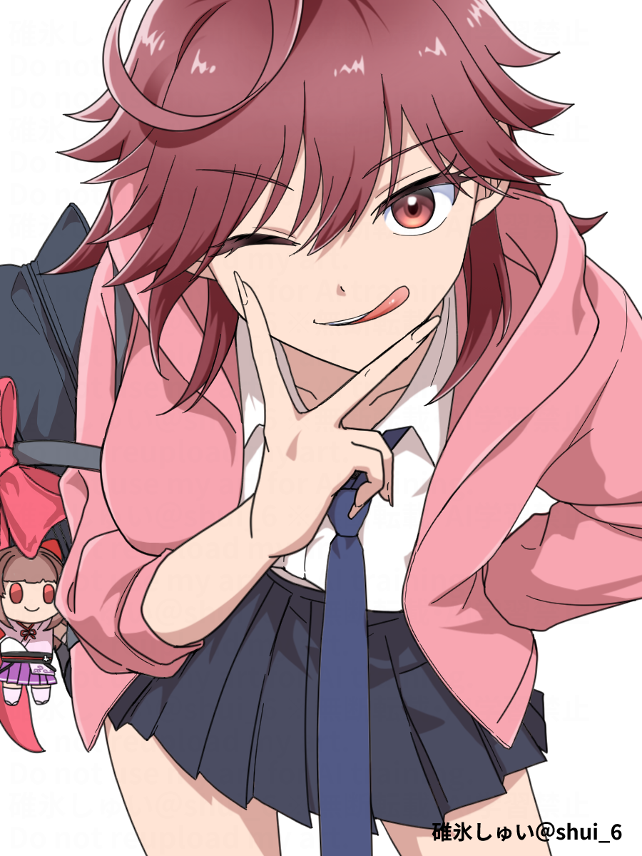 1girl, ;q, akane_(etra-chan_wa_mita!), artist_name, bag, bent_over, black_skirt, blue_necktie
