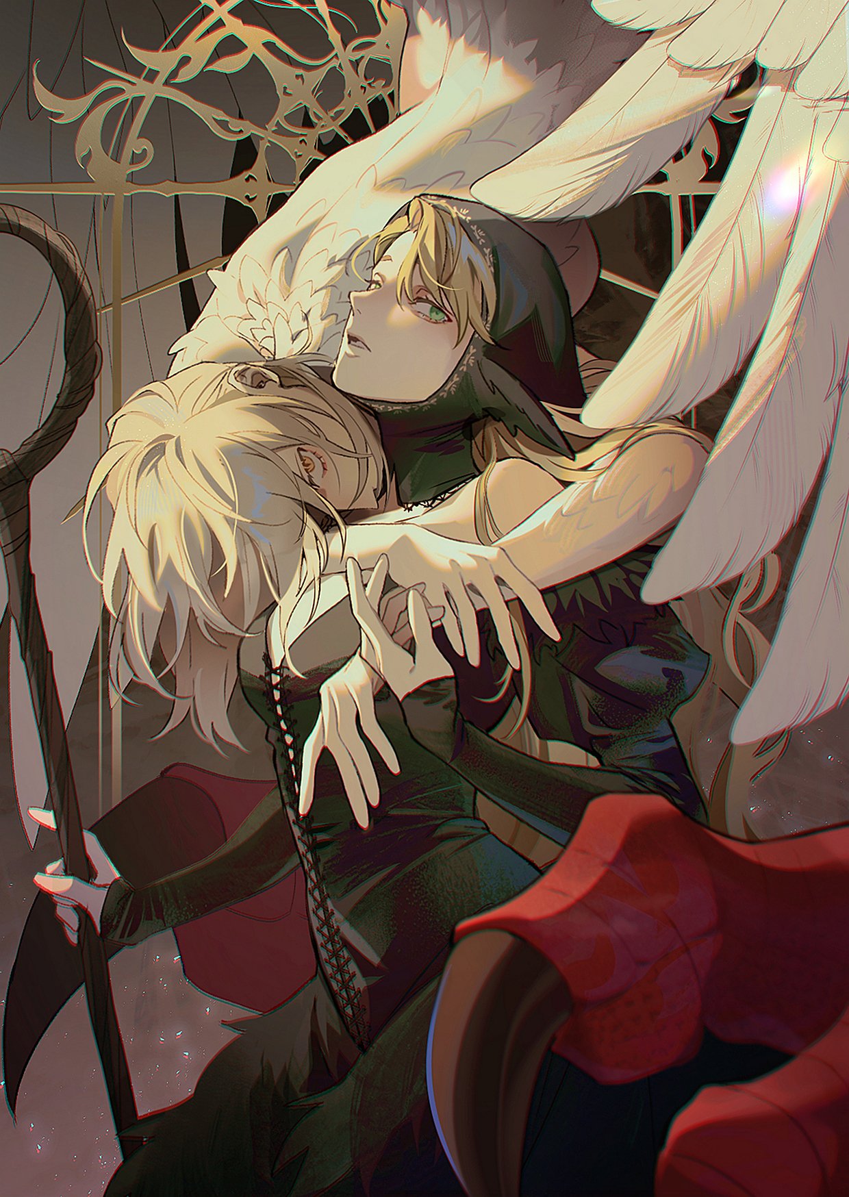 2girls, black_dress, black_hood, blonde_hair, chengzhineixihuanxiaogou, claws, detached_hood, dress