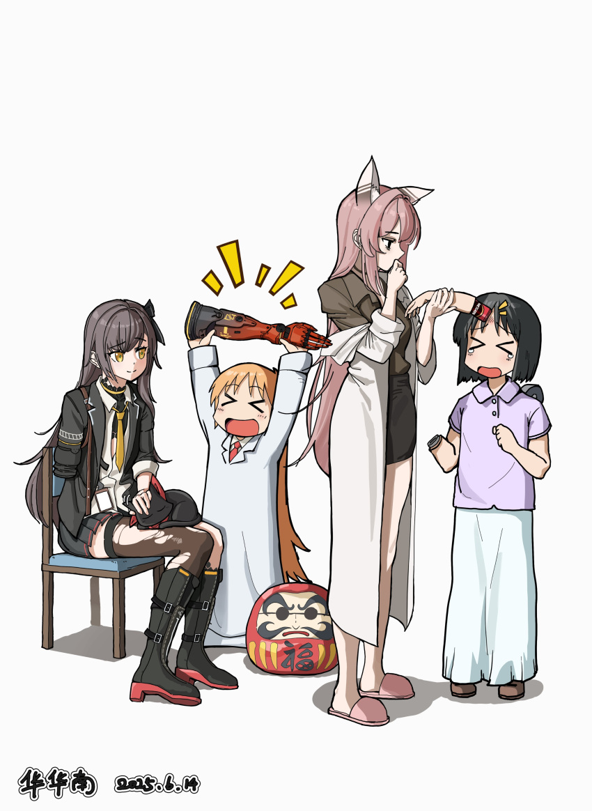 >_<, 4girls, absurdres, animal_ear_fluff, animal_ears, black_boots, black_hair, black_jacket