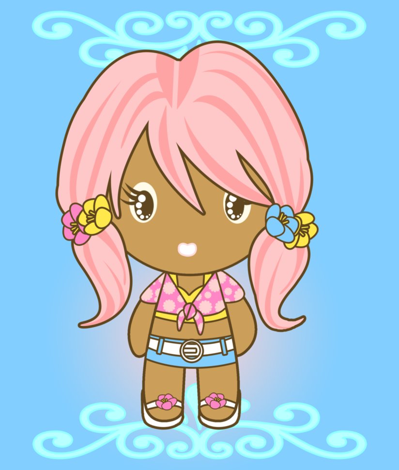 artist_request, brown_eyes, chibi, dark_skin, expressionless, flower, ganguro, long_hair