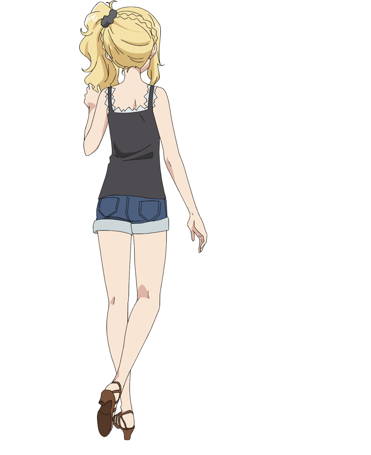 1girl, anime_coloring, arm_up, back, bare_shoulders, black_camisole, black_scrunchie, blonde_hair