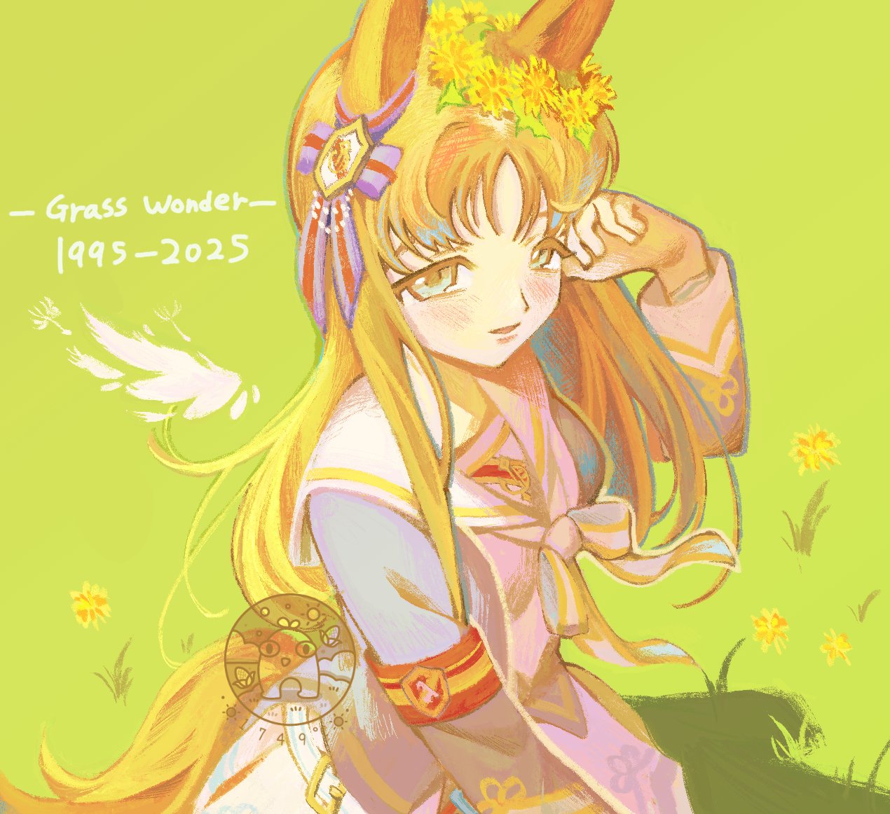 1girl, animal_ears, armband, blue_eyes, blue_jacket, blush, bow, brown_hair, dandelion, dress, ear_bow, ear_ornament, ear_ribbon, english_text, field, flower, grass, grass_wonder_(umamusume), hair_flower, hair_ornament, head_wreath, horse_ears, horse_girl, horse_tail, jacket, long_hair, long_sleeves, looking_at_viewer, multicolored_hair, nekai, open_clothes, open_jacket, open_mouth, outdoors, parted_lips, red_armband, sailor_collar, smile, solo, tail, umamusume, white_dress, white_hair, white_sailor_collar