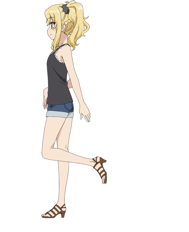 1girl, anime_coloring, bare_shoulders, black_camisole, black_scrunchie, blonde_hair, blue_eyes, blush