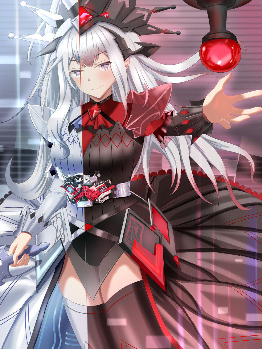 2girls, absurdres, black_thighhighs, blush, breasts, closed_mouth, crown, double_driver