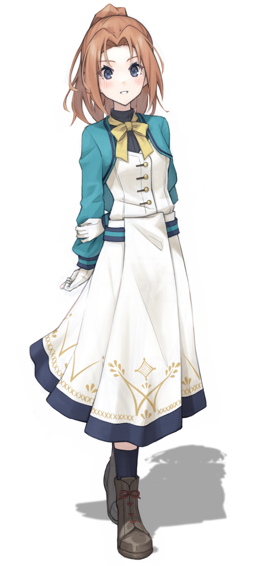 1girl, absurdres, brown_hair, casey_grove, commentary_request, dress, full_body, gloves
