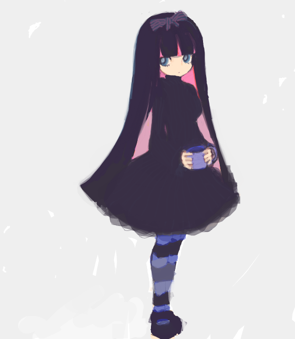 backcutter, black_dress, blue_eyes, bow, cup, drawr, dress, hair_bow