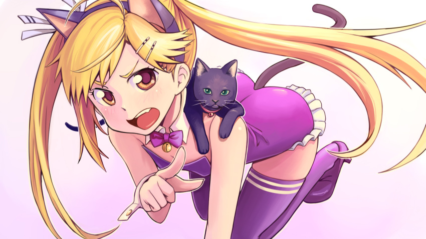 1girl, bell, blonde_hair, blush, boots, bowieknife, cat, cat_ears