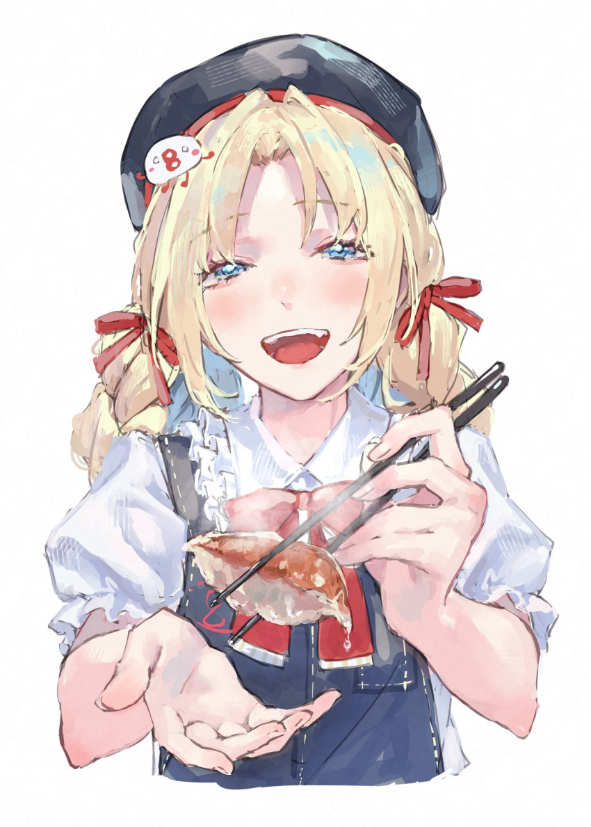 1girl, :d, apron, black_apron, blonde_hair, blue_eyes, bow, bowtie