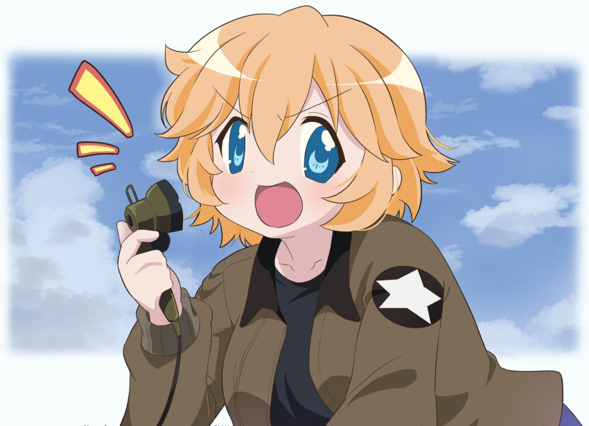 1girl, :d, black_shirt, blonde_hair, blue_eyes, breasts, brown_jacket, chihaya_kirin, clouds, cloudy_sky, cosplay, denim, denim_shorts, girls_und_panzer, highres, jacket, kay_(girls_und_panzer), lucky_star, outside_border, patricia_martin, saunders_military_uniform, shirt, short_hair, shorts, shout_lines, sky, smile, star_(symbol), star_print