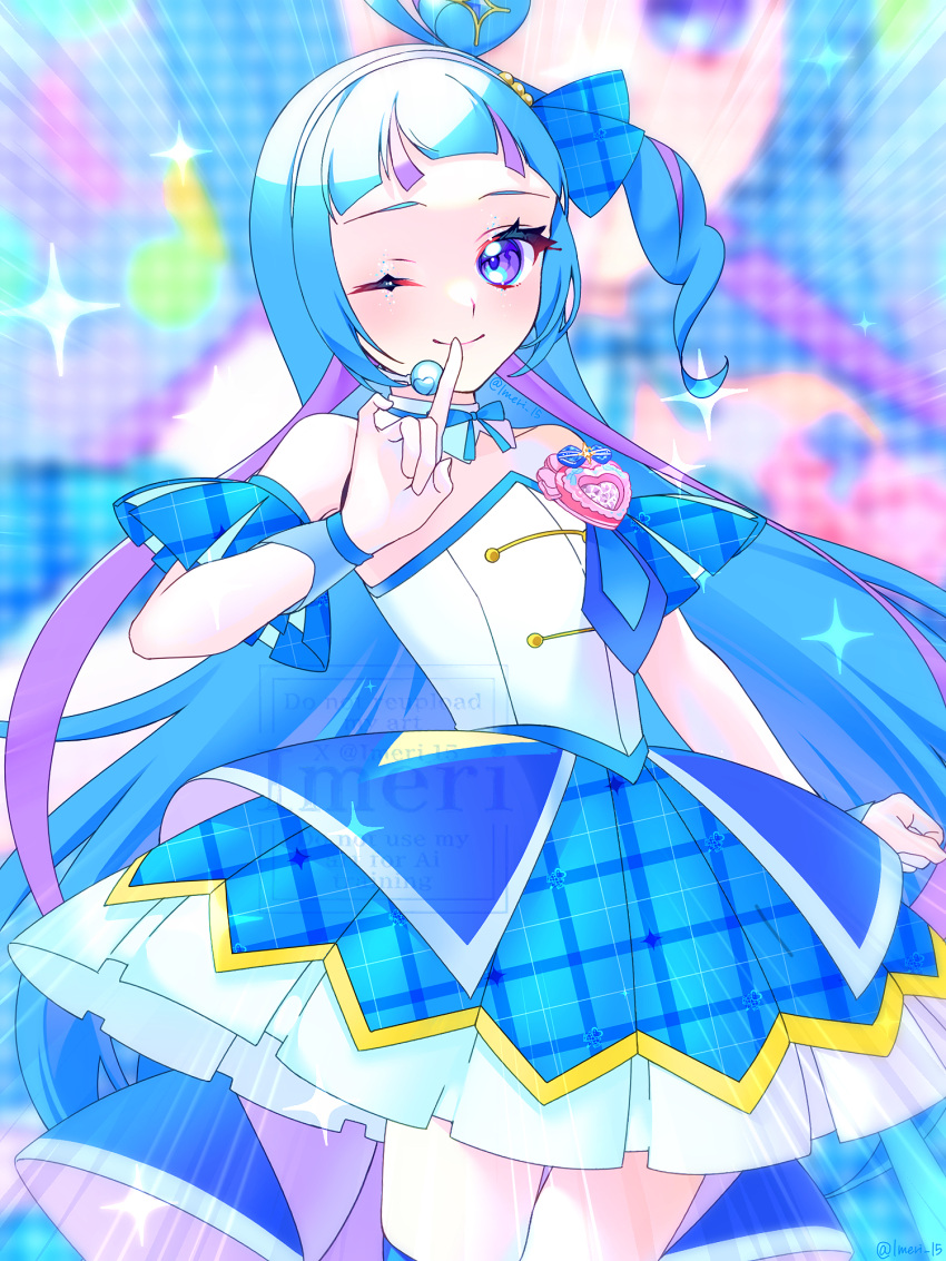 1girl, aokaze_nana, blue_eyes, blue_hair, blue_skirt, blush, breasts, collarbone, cure_wink, detached_collar, detached_sleeves, dress, highres, imeri15, kimi_to_idol_precure, long_hair, one_eye_closed, plaid_armband, plaid_clothes, plaid_ribbon, plaid_skirt, plaid_sleeves, precure, purple_hair, ribbon, short_sleeves, skirt, small_breasts, smile, solo, strapless, strapless_dress