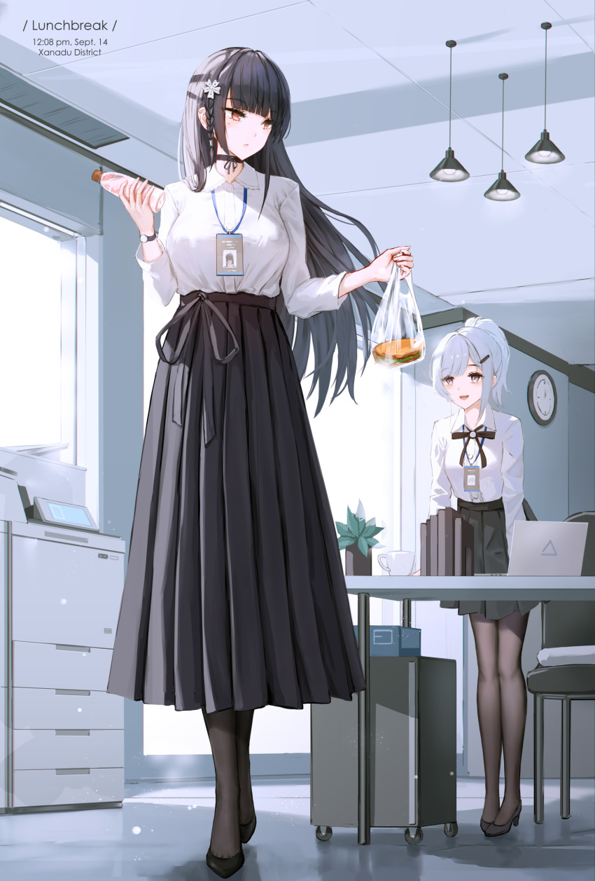 2girls, absurdres, analog_clock, arm_support, bag, black_choker, black_hair, black_pantyhose
