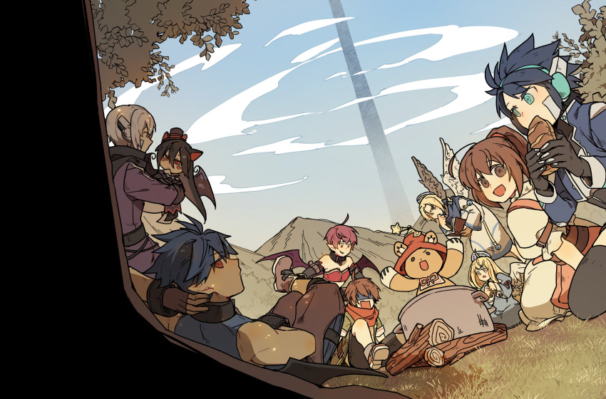 4boys, 5girls, absurdres, ahoge, android, angel_wings, animal_ears, bat_wings, belial_(eco), black_gloves, black_hair, black_hat, black_thighhighs, blonde_hair, blue_capelet, blue_dress, blue_hair, blue_jacket, book, bread, brown_eyes, brown_hair, capelet, cat_ears, cat_girl, cooking_pot, dress, eating, emil_(eco), emil_chronicle_online, food, ghost_girl, ghost_tail, gloves, green_eyes, green_shirt, halo, hat, highres, holding, holding_book, holding_food, hug, jacket, lili_(eco), long_hair, lux_(eco), marcia_(eco), mechanical_ears, multiple_boys, multiple_girls, nekomata_kuro, open_mouth, pants, pointy_ears, ponytail, purple_hair, purple_jacket, purple_pants, r'lyeh_(eco), red_scarf, red_tube_top, robe, scarf, shirt, short_hair, sihanjir, strapless, stuffed_animal, stuffed_toy, teddy_bear, thigh-highs, tita_(eco), titus_(eco), tube_top, white_robe, white_wings, wings