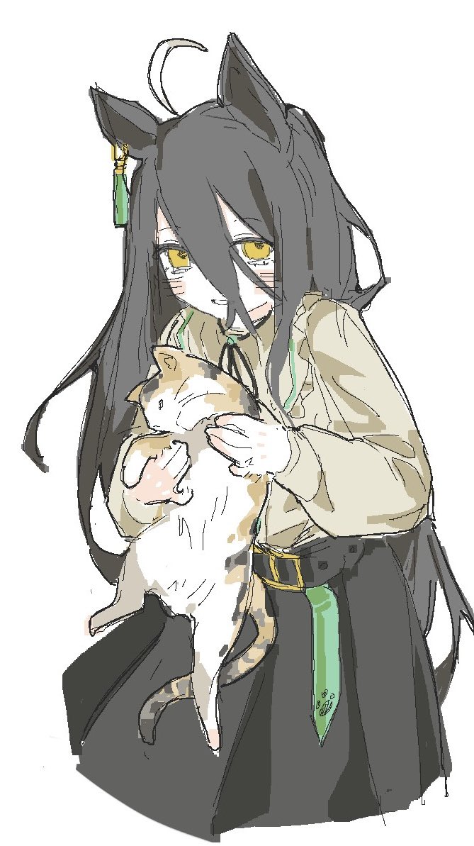 1girl, animal, calico_(pattern), calico_cat, cat, dom1, holding, holding_animal