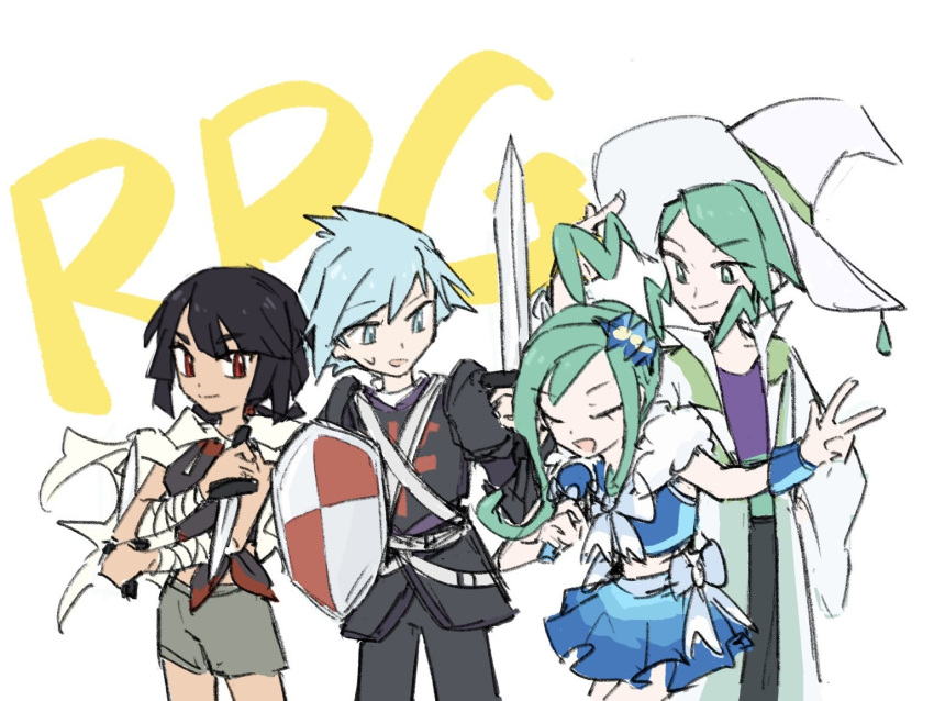 2boys, 2girls, :d, adapted_costume, armor, black_hair, blue_skirt, closed_eyes, closed_mouth, dagger, green_eyes, green_hair, hair_ornament, hat, holding, holding_dagger, holding_knife, holding_weapon, knife, lisia_(pokemon), multiple_boys, multiple_girls, open_mouth, pokemon, pokemon_oras, red_eyes, shield, shirt, shorts, skirt, smile, split_mouth, steven_stone, sword, w, wallace_(pokemon), weapon, white_hat, wizard_hat, xlii_idk, zinnia_(pokemon)