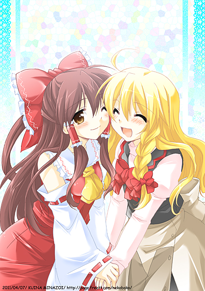 :d, ^_^, ahoge, ascot, bare_shoulders, blonde_hair, blush, bow, braid, brown_hair, closed_eyes, detached_sleeves, eyes_closed, hair_bow, hair_tubes, hakurei_reimu, hand_holding, holding_hands, kirisame_marisa, long_hair, miko, minazoi_kuina, multiple_girls, no_hat, no_headwear, open_mouth, payot, side_braid, single_braid, smile, touhou, very_long_hair, wink, yellow_eyes, yuri