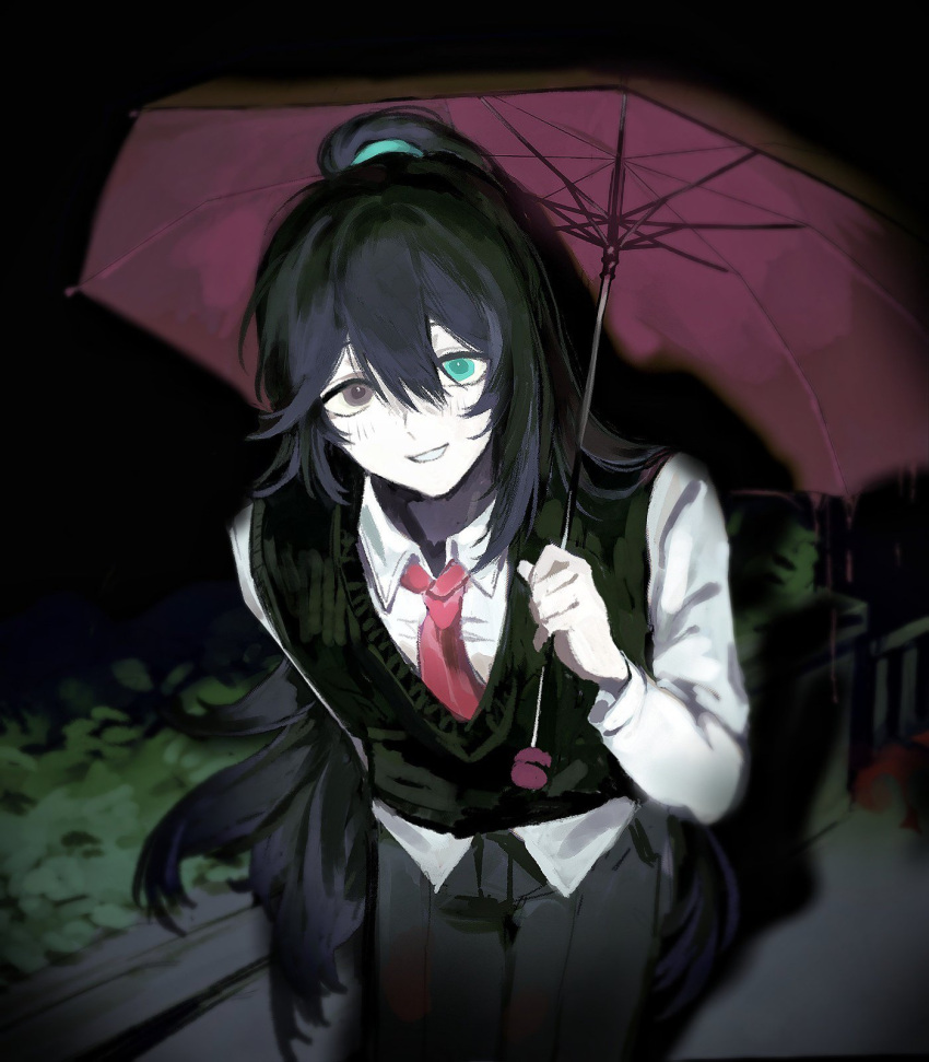 1boy, black_eyes, black_hair, black_pants, black_vest, blue_eyes, collared_shirt, heterochromia