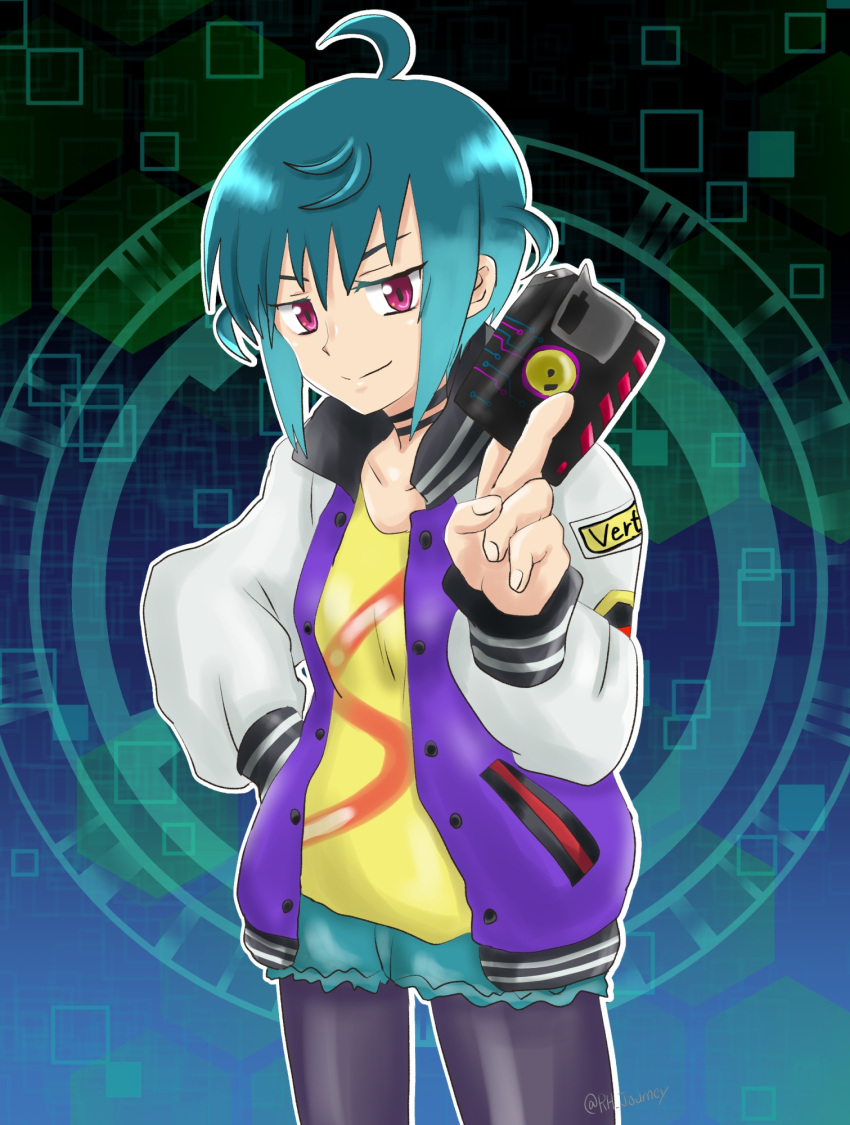 1girl, aqua_hair, artist_name, between_fingers, black_pantyhose, floppy_disk, hand_in_pocket, hand_up, highres, holding, jacket, kurono_miko_(necronomico), long_sleeves, looking_at_viewer, necronomico_no_cosmic_horror_show, open_clothes, open_jacket, pantyhose, red_eyes, rh_journey, shirt, short_hair, shorts, smile, solo, standing, yellow_shirt