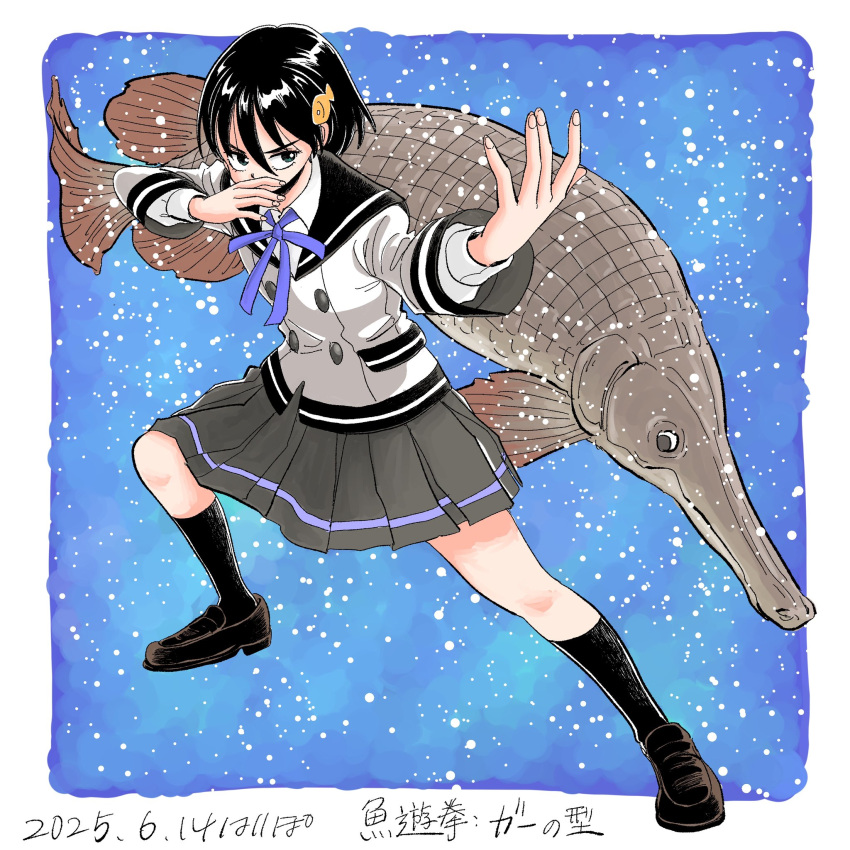 1girl, artist_name, black_hair, black_sailor_collar, black_shoes, black_socks, blue_ribbon, buttons