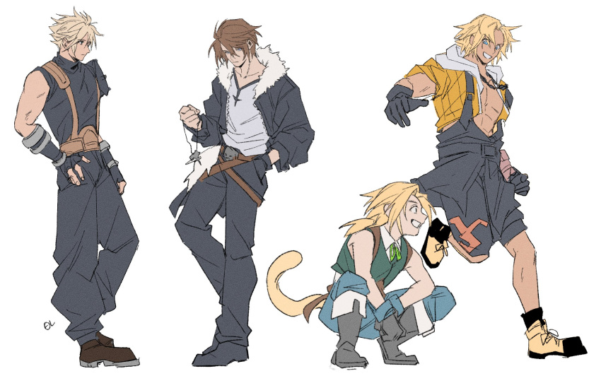 4boys, black_jacket, blonde_hair, brown_hair, cloud_strife, final_fantasy, final_fantasy_ix, final_fantasy_vii