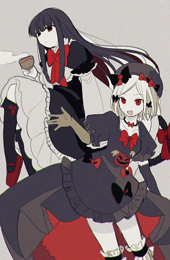 2girls, bakara_(19083210), bow, bow_necklace, bowtie, cat_tail, closed_mouth, commentary_request, cup, dress, dress_bow, elbow_gloves, expressionless, film_grain, frederica_bernkastel, frilled_dress, frills, gloves, grey_background, hair_bow, hand_up, hat, hat_bow, hime_cut, holding, holding_cup, invisible_chair, jewelry, kneehighs, lambdadelta, layered_sleeves, limited_palette, long_hair, long_sleeves, mary_janes, multiple_girls, necklace, open_mouth, parted_bangs, shoes, short_hair, short_over_long_sleeves, short_sleeves, sidelocks, simple_background, sitting, smile, socks, steaming_cup, tail, tail_bow, tail_ornament, umineko_no_naku_koro_ni, very_long_hair