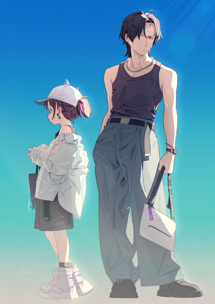 1boy, 1girl, :/, absurdres, bag, bare_shoulders, baseball_cap, belt