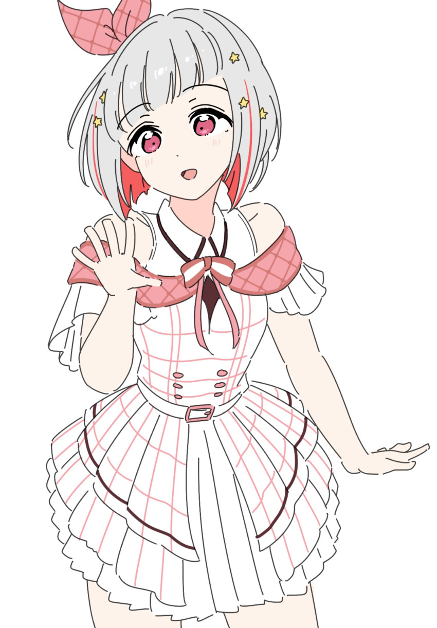 1girl, :d, alternate_costume, bare_shoulders, colored_inner_hair, commentary_request, cowboy_shot, dress