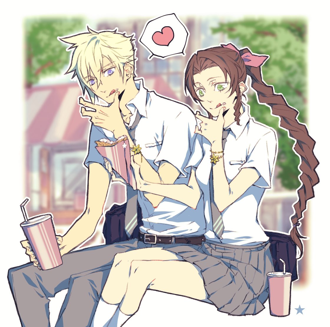 1boy, 1girl, aerith_gainsborough, akatsuki_jam, alternate_costume, black_background, blonde_hair, blurry, blurry_background, blush, border, bracelet, braid, braided_ponytail, breasts, brown_hair, cloud_strife, collared_shirt, couple, cup, disposable_cup, drinking_straw, earrings, feet_out_of_frame, final_fantasy, final_fantasy_vii, flower, flower_bracelet, food, food_on_face, green_eyes, grey_necktie, grey_pants, grey_skirt, hair_between_eyes, hair_ribbon, hetero, holding, holding_food, jewelry, lily_(flower), long_hair, matching_accessory, medium_breasts, necktie, pants, parted_bangs, pink_ribbon, pleated_skirt, ribbon, school_uniform, shirt, short_hair, sidelocks, single_braid, single_earring, sitting, skirt, socks, spiky_hair, striped_necktie, tongue, tongue_out, white_border, white_shirt, white_socks