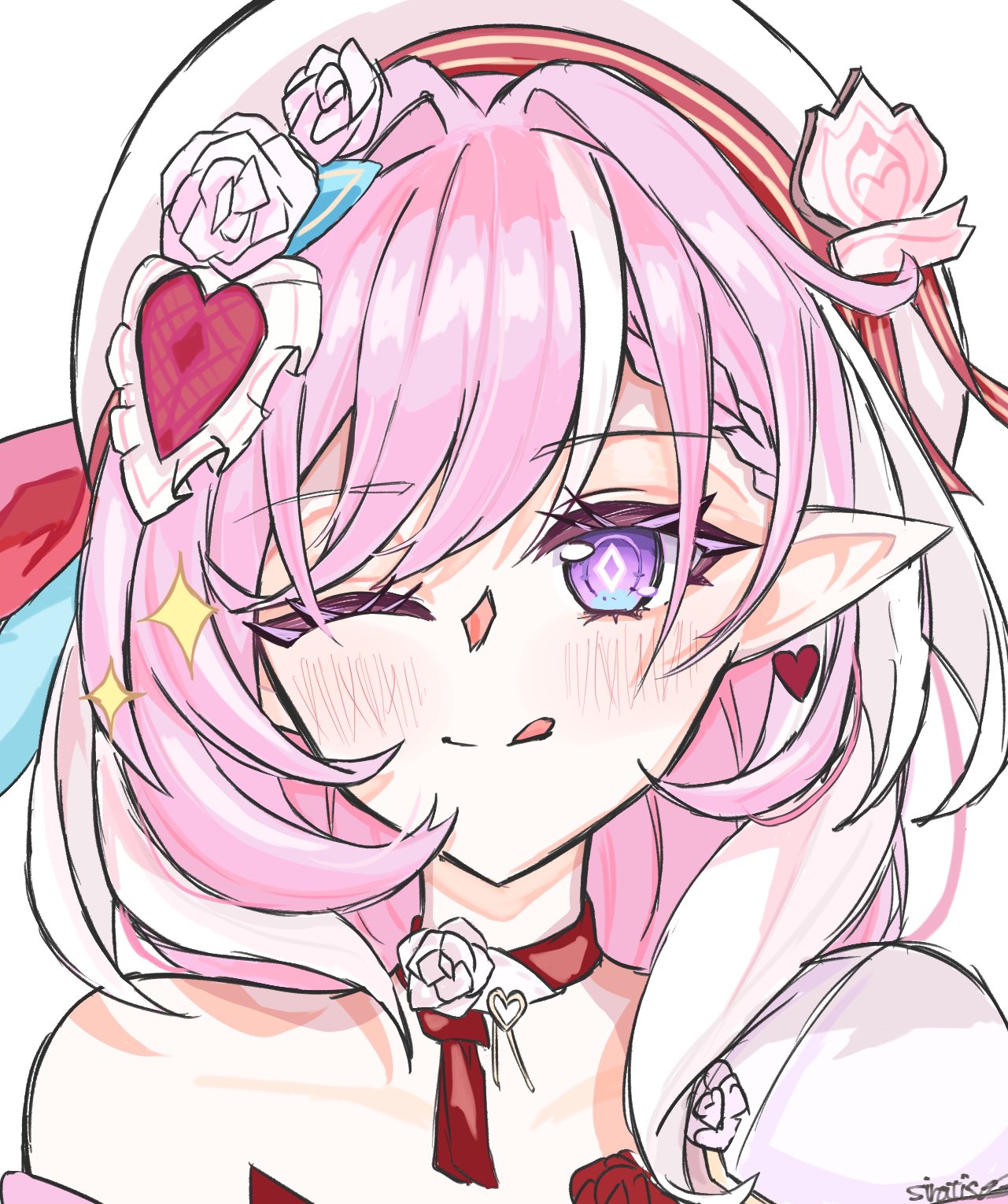 1girl, artist_name, bare_shoulders, commentary_request, diamond-shaped_pupils, diamond_(shape), elysia_(honkai_impact), hat