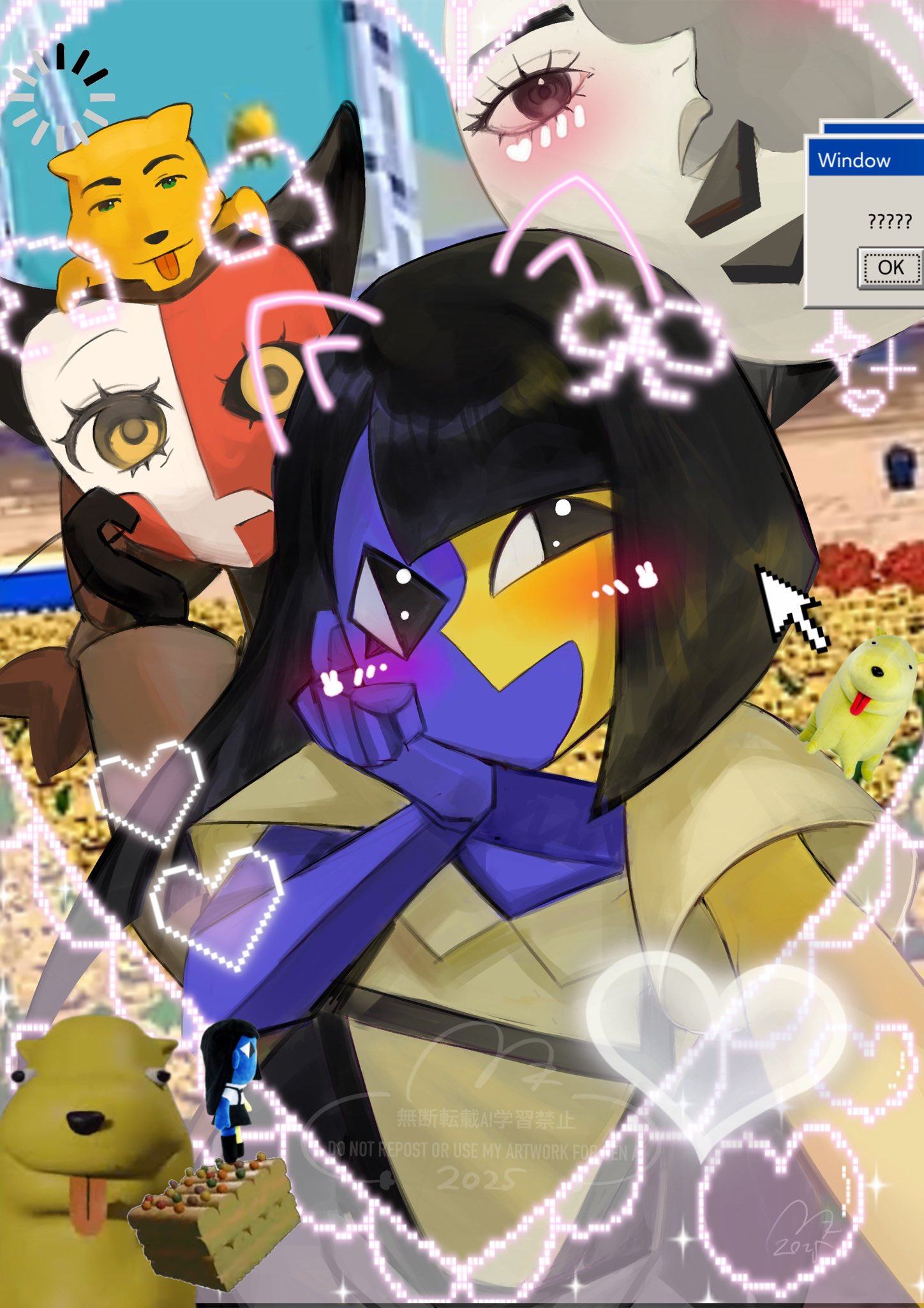 3girls, black_hair, blue_skin, blunt_bangs, colored_skin, dog, ena_(ena), ena_(series)