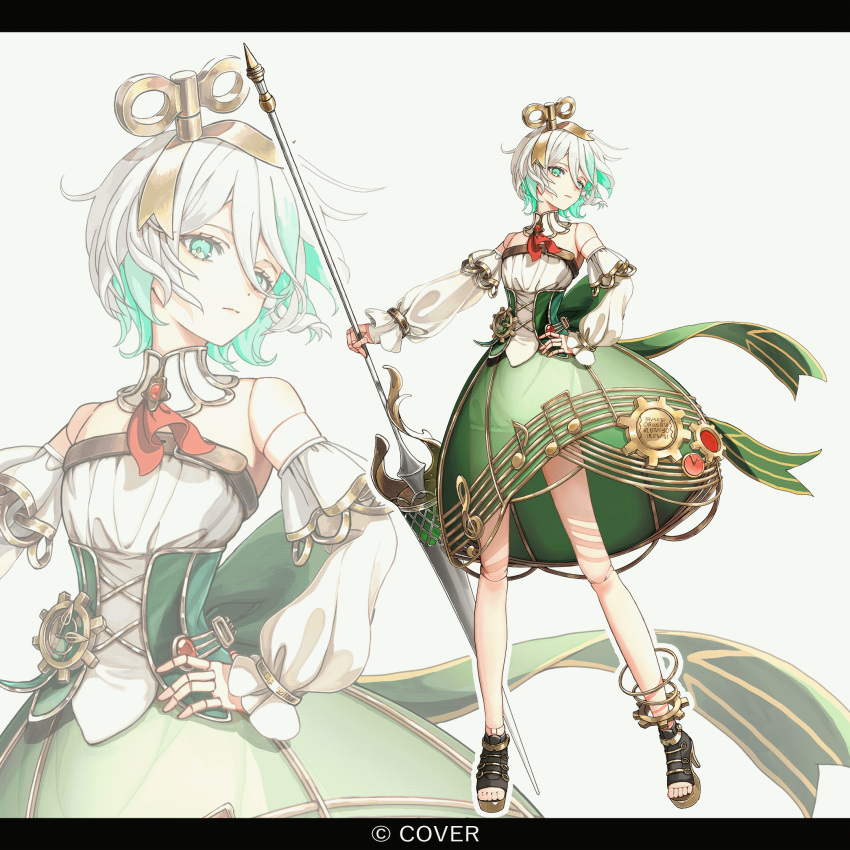 1girl, animated, animated_gif, ankle_boots, ascot, back_bow, black_boots, blinking, boots, bow, braid, cecilia_immergreen, cecilia_immergreen_(1st_costume), colored_inner_hair, commentary_request, copyright_notice, corset, cross-laced_clothes, cross-laced_corset, detached_collar, detached_sleeves, doll, doll_joints, double-parted_bangs, english_commentary, floating_hair, full_body, gears, gold_trim, green_corset, green_eyes, green_hair, green_skirt, grey_hair, hair_ornament, hand_on_own_hip, high-low_skirt, high_heel_boots, high_heels, highres, holding, holding_polearm, holding_weapon, hololive, hololive_english, joints, lance, large_bow, long_sleeves, miniskirt, mixed-language_commentary, multicolored_hair, nakauma, official_art, open-toe_boots, polearm, puffy_long_sleeves, puffy_sleeves, red_ascot, romper, see-through_clothes, see-through_skirt, short_hair, side_braid, simple_background, single_braid, skirt, standing, strapless_romper, streaked_hair, underbust, virtual_youtuber, weapon, white_background, white_romper, white_sleeves, winding_key, zoom_layer