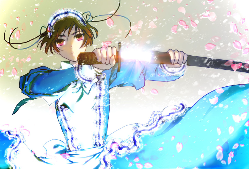 bad_id, cherry_blossoms, crossdressinging, dress, frills, gothic_lolita, highres, japan_(hetalia), lolita_fashion, sword, tena_(teze), weapon