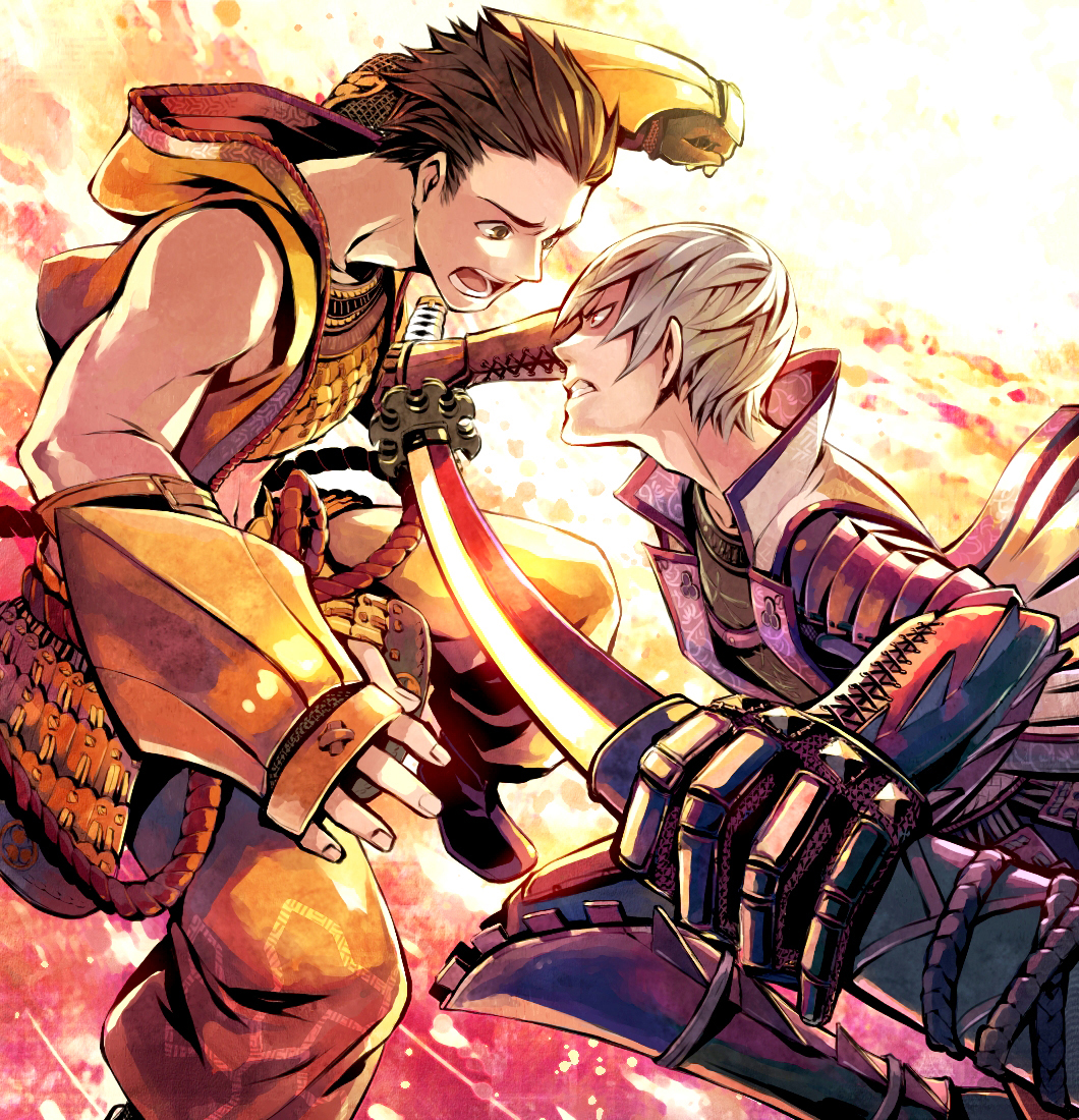 arm_guard, arm_guards, armor, brown_eyes, brown_hair, clenched_teeth, fighting, gauntlets