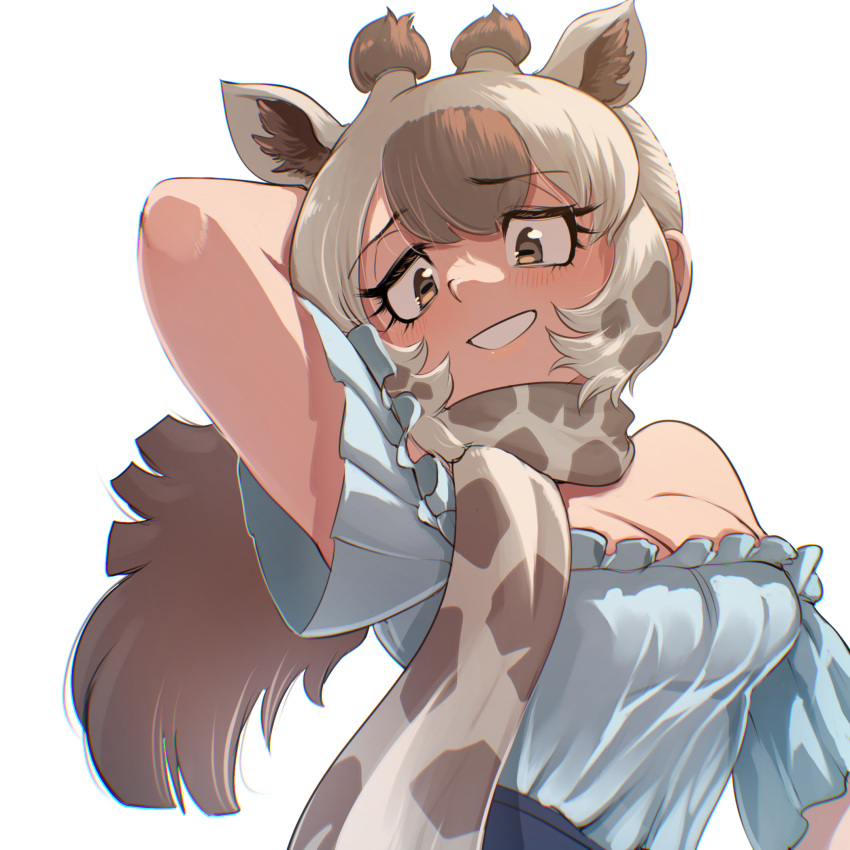 1girl, angolan_giraffe_(kemono_friends), animal_ears, animal_print, bare_shoulders, blonde_hair, blue_shirt, blush