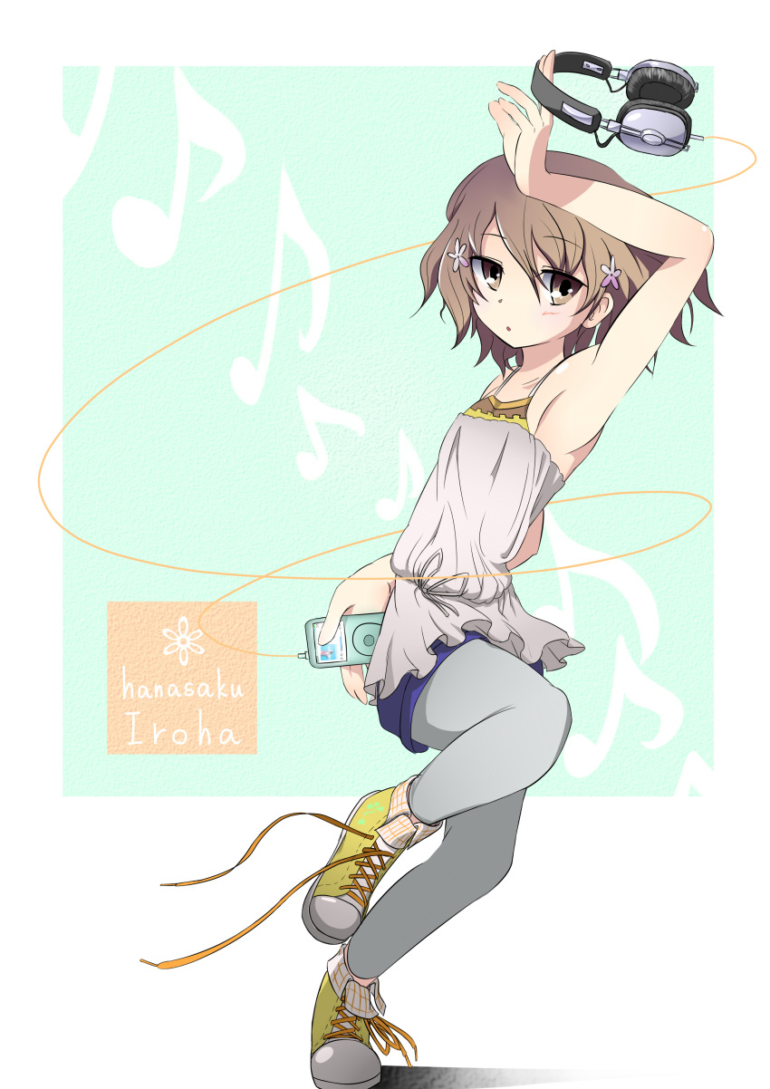 arm_up, armpits, blush, brown_eyes, brown_hair, digital_media_player, flower, hair_flower