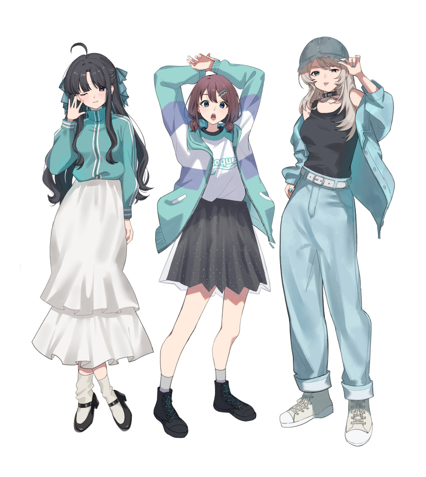 3girls, absurdres, adjusting_clothes, adjusting_headwear, ahoge, arms_up, awa_subaru, black_choker