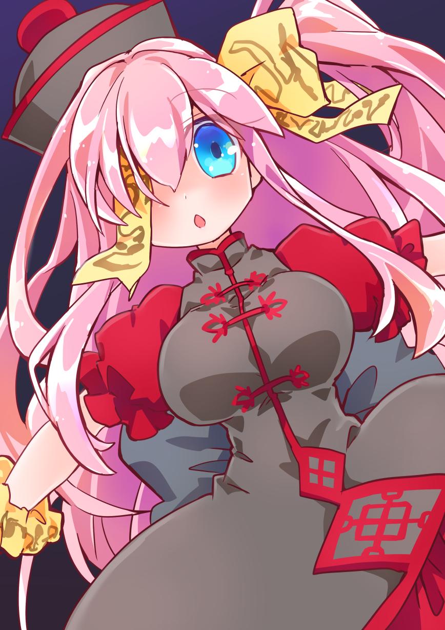1girl, black_dress, black_hat, blue_eyes, breasts, dress, emil_chronicle_online, hair_over_one_eye